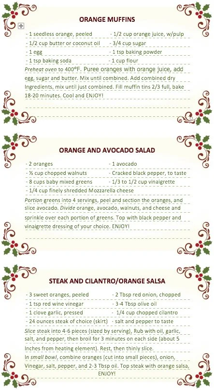 Recipe card: Orange Muffins, Orange and Avocado Salad, and Steak and Cilantro-Orange Salsa