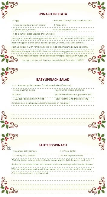 Recipe card: Spinach Frittata, Baby Spinach Salad & Sauteed Spinach