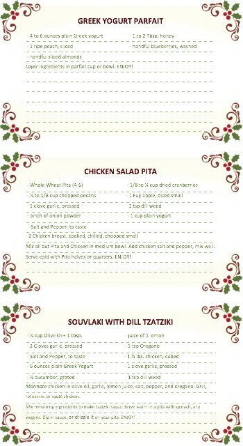 Recipe card: Greek Yogurt Parfait, Chicken Salad Pita & Souvlaki with Dill Tzatziki