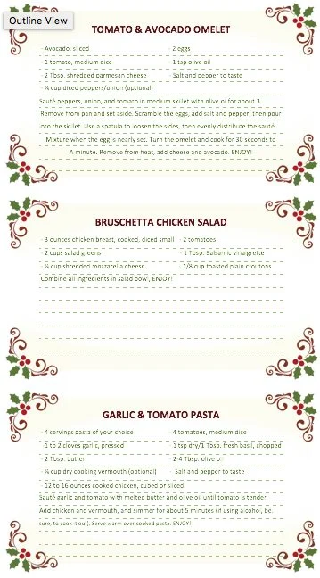 Recipe card: Tomato & Avocado Omelet, Bruschetta Chicken Salad & Garlic and Tomato Pasta