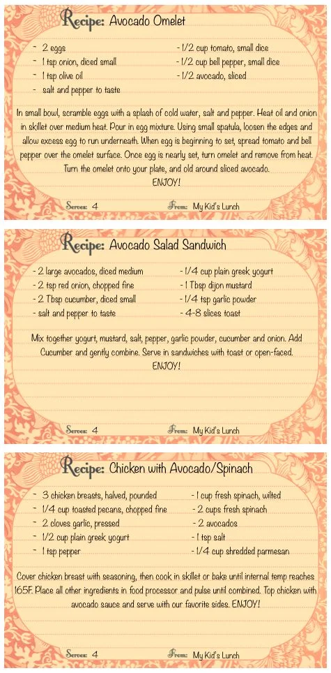 Recipe card: Avocado Omelet, Avocado Salad Sandwich & Chicken with Avocado and Spinach