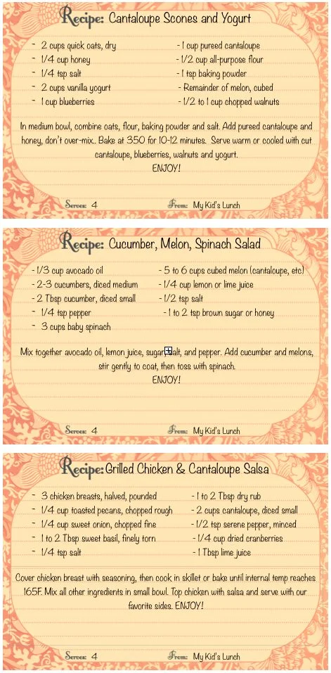 Recipe card: Cantaloupe Scones and Yogurt, Cucumber Melon Spinach Salad & Grilled Chicken with Cantaloupe Salsa