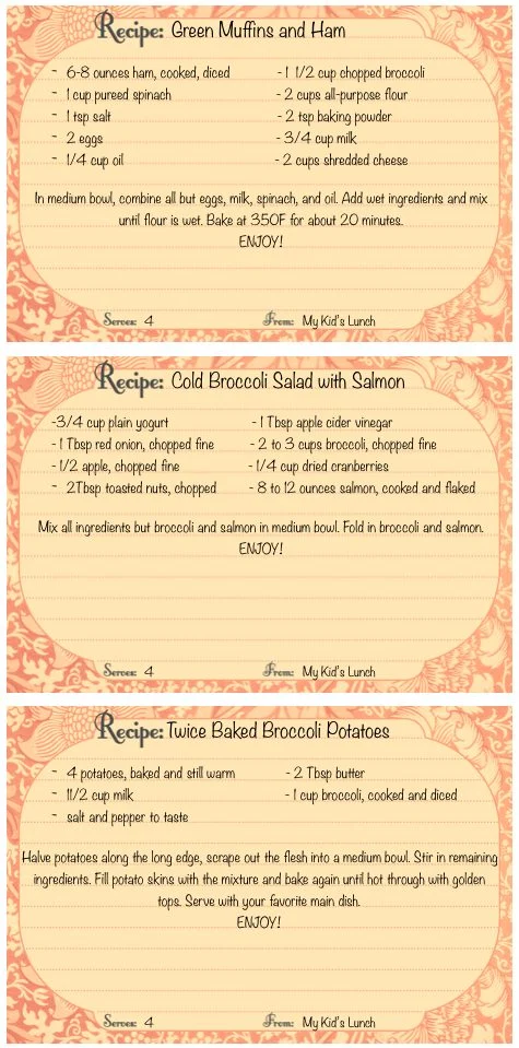 Recipe card: Green Muffins and Ham, Cold Broccoli Salad with Salmon & Twice Baked Broccoli Potatoes