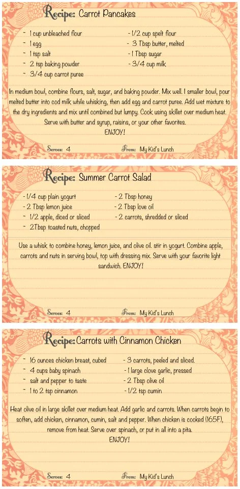 Recipe card: Carrot Pancakes, Summer Carrot Salad & Carrots with Cinnamon Chicken
