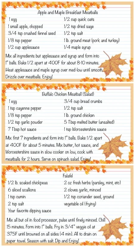 Recipe card: Apple and Maple Breakfast Meatballs, Buffalo Chicken Meatball Salad & Falafel
