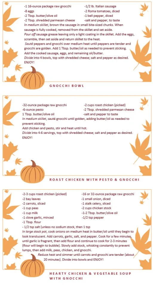 Recipe card: Gnocchi Bowl, Roast Chicken with Pesto & Gnocchi, and Hearty Chicken & Vegetable Soup with Gnocchi