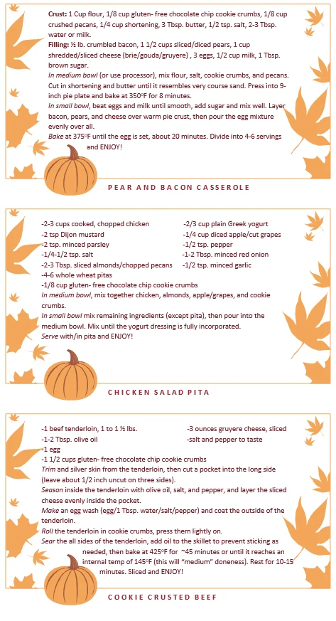 Recipe card: Pear and Bacon Casserole, Chicken Salad Pita & Cookie Crusted Beef