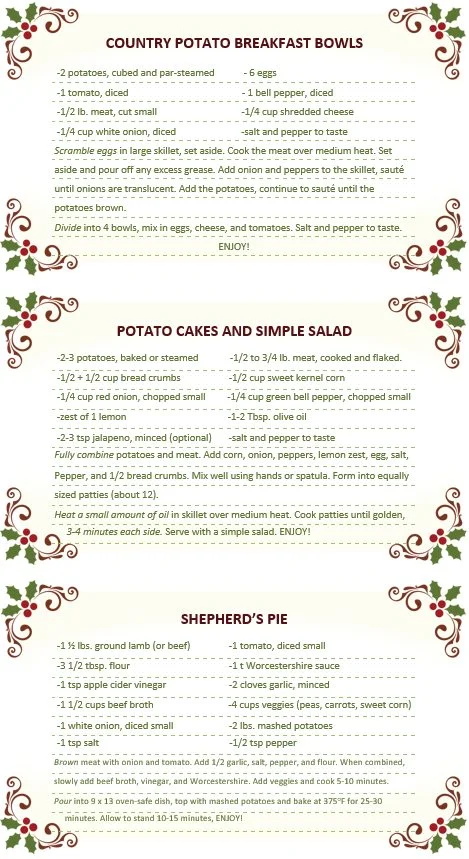 Recipe card: Country Potato Breakfast Bowls, Potato Cakes and Simple Salad, and Shepherd's Pie
